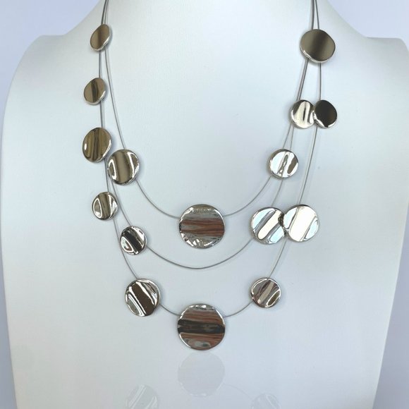 Necklace and Ear Set, Silver Tone, 3 Strand Illusion, Flat Bead, 16"-20" - Picture 4 of 10